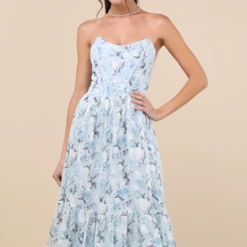 NWT Special Moment Light Blue Floral Strapless Bustier Maxi Dress
